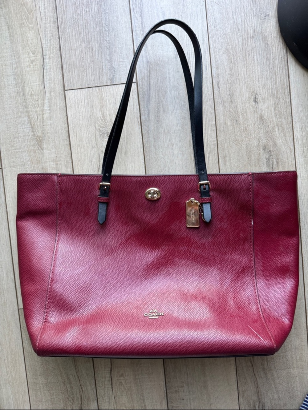 Coach Maroon Leather Tote Bag with Black Straps